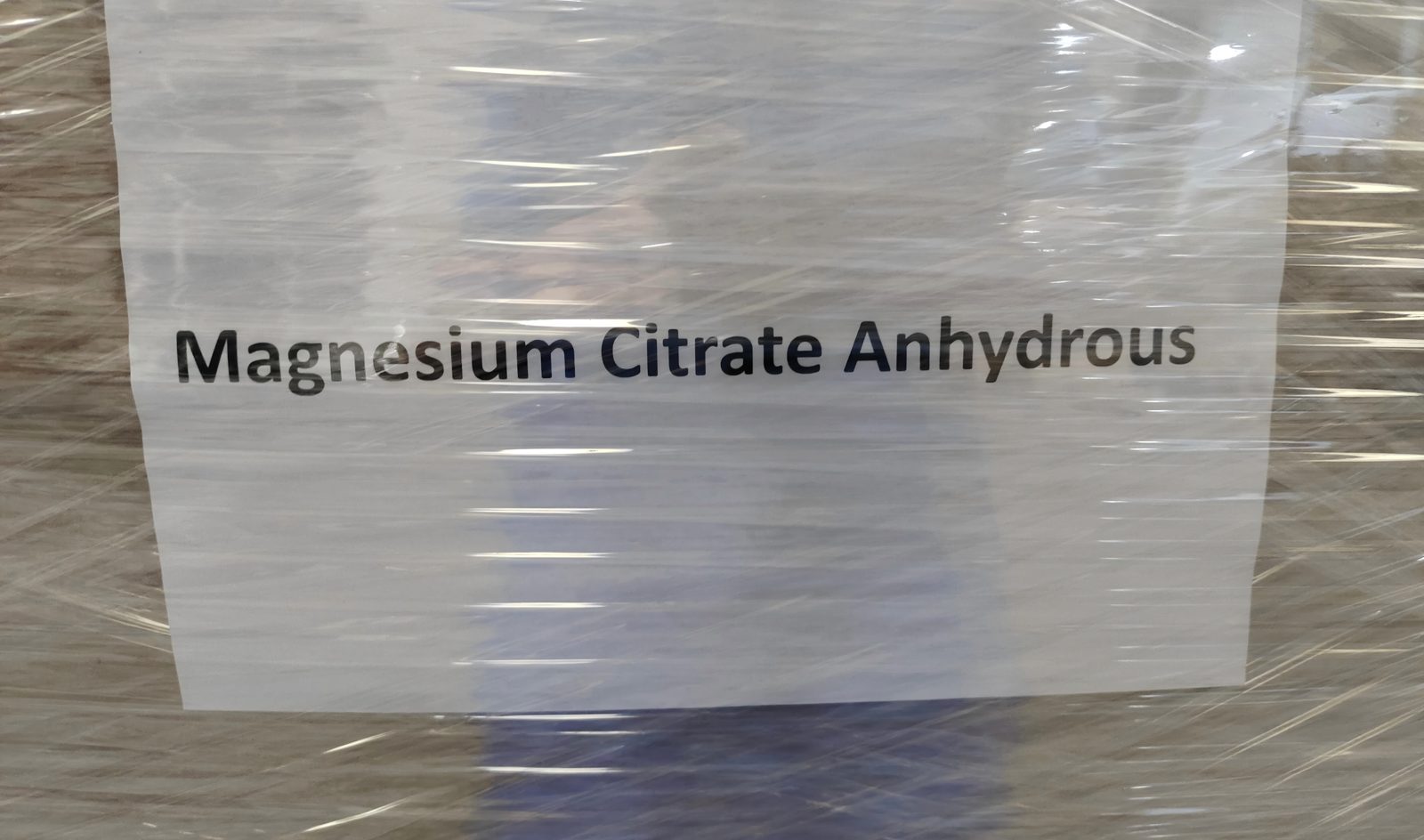 Close view of pallet labeling for a recent magnesium citrate anhydrous outbound batch.